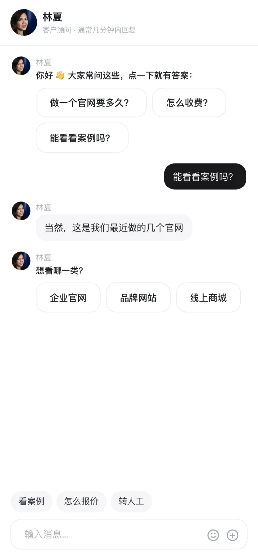 手机上聊天窗口全屏打开，访客正在选常见问题